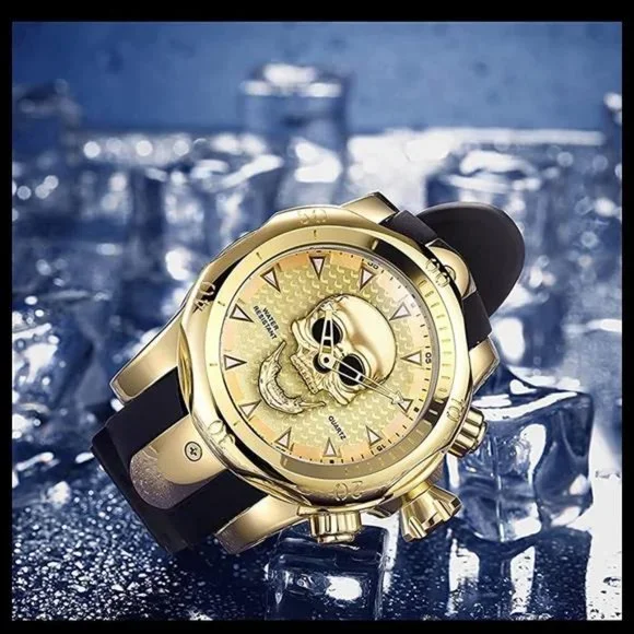 Mens Gold/Black 3D Luxury Skull Waterproof Quartz Watch